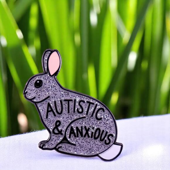 Autistic & Anxious Bunny Enamel Pin Gray Glitter Mental Health Awareness Support - Picture 10 of 11